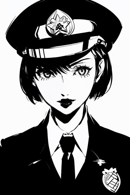 01367-3981373633-persona (_style_), 1girl, solo, monochrome, hat, portrait, lipstick, uniform, simple background, short hair, greyscale, police,.png
